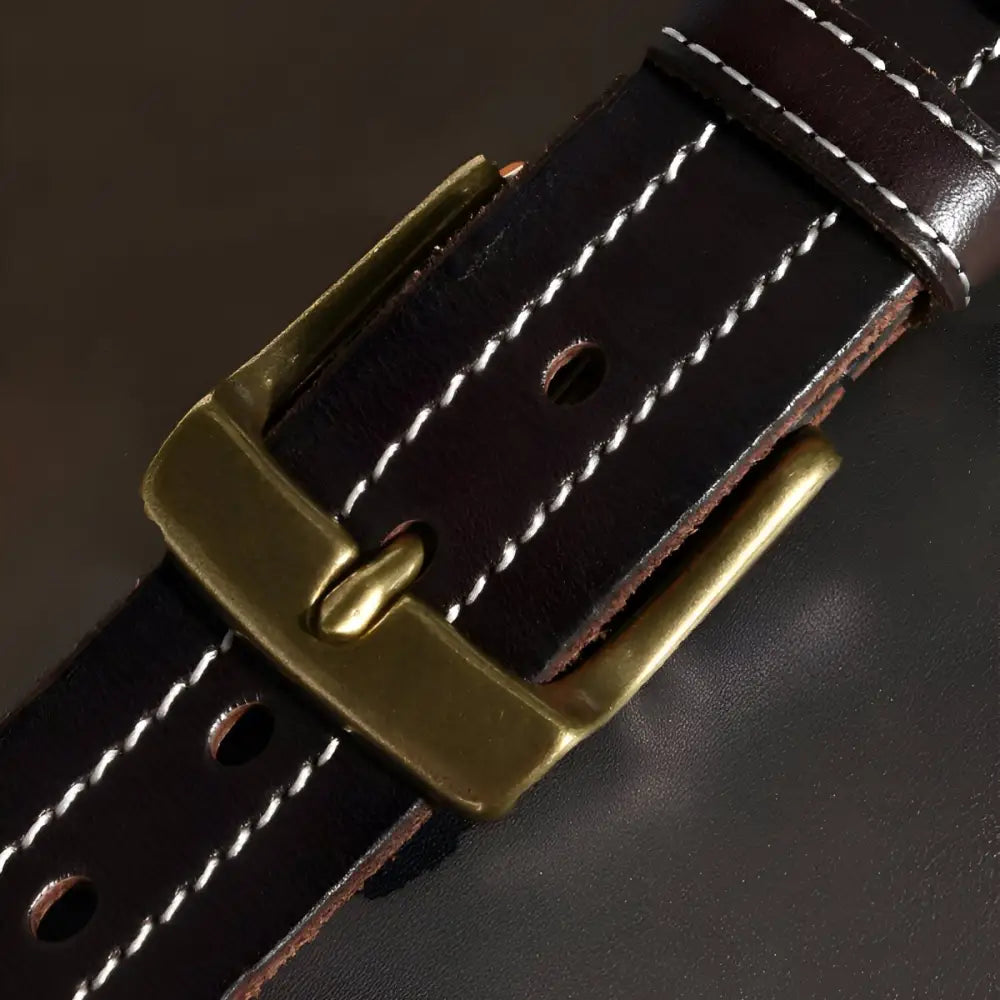 Brown leather belt with brass buckle, stylish men’s accessories for formal wear