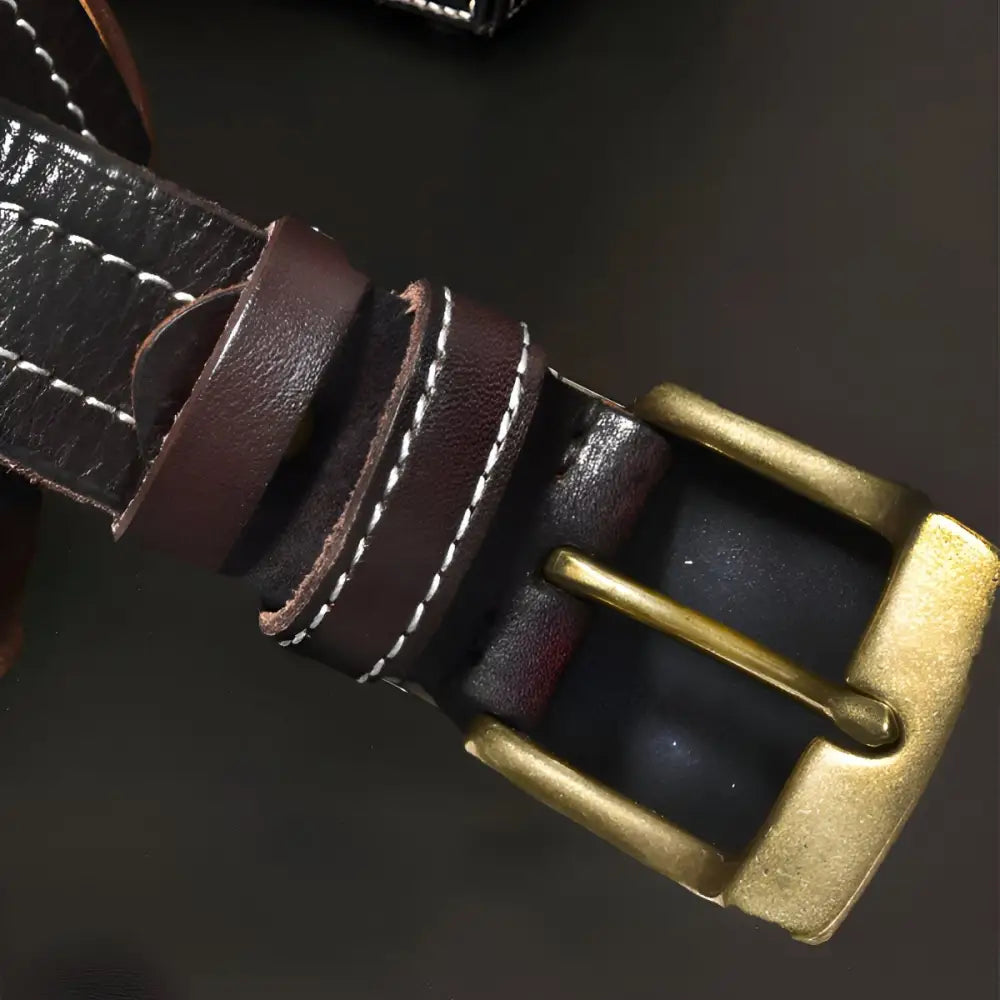 Brown leather belt with brass buckle for men and women, stylish and durable accessory