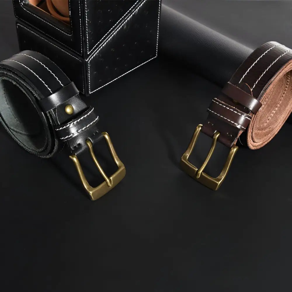 Brown leather belts with brass buckles displayed in the product named Brown Leather Belt with Brass Buckle