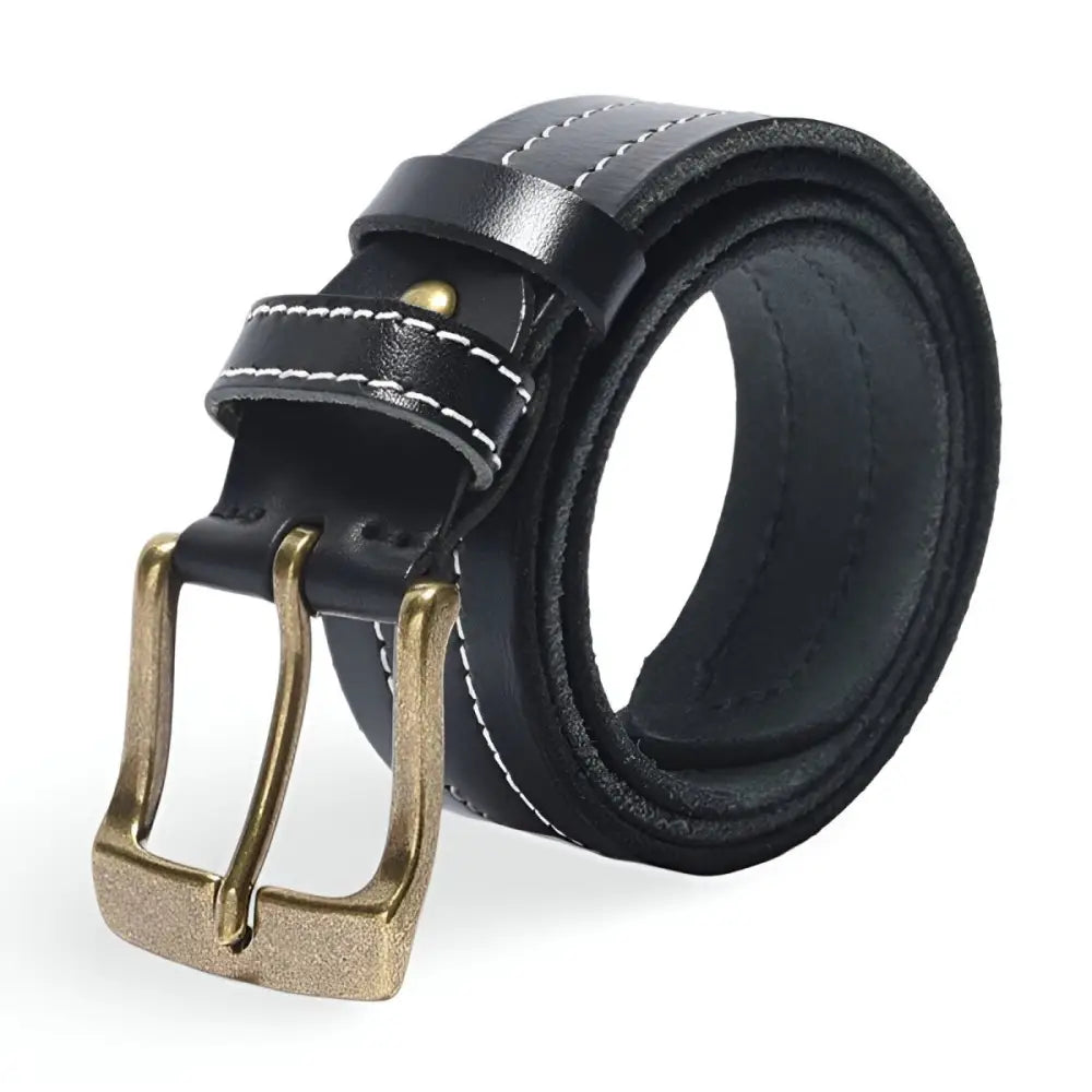 Black leather belt with brass buckle displayed with a brown leather belt product image
