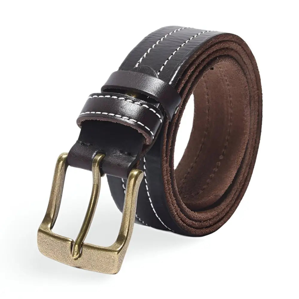Brown leather belt with brass buckle, stylish accessories for men’s fashion