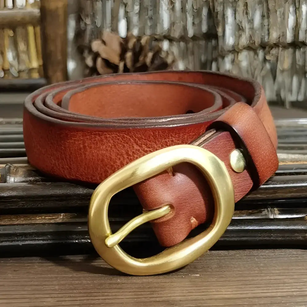 Brown leather belt with brass buckle for classic style product image