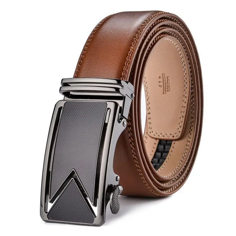 Brown leather ratchet belt with geometric buckle showcasing sophisticated craftsmanship