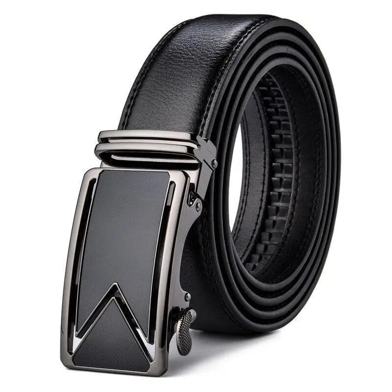 Black leather ratchet belt displayed with Brown Leather Belt with Geometric Buckle product