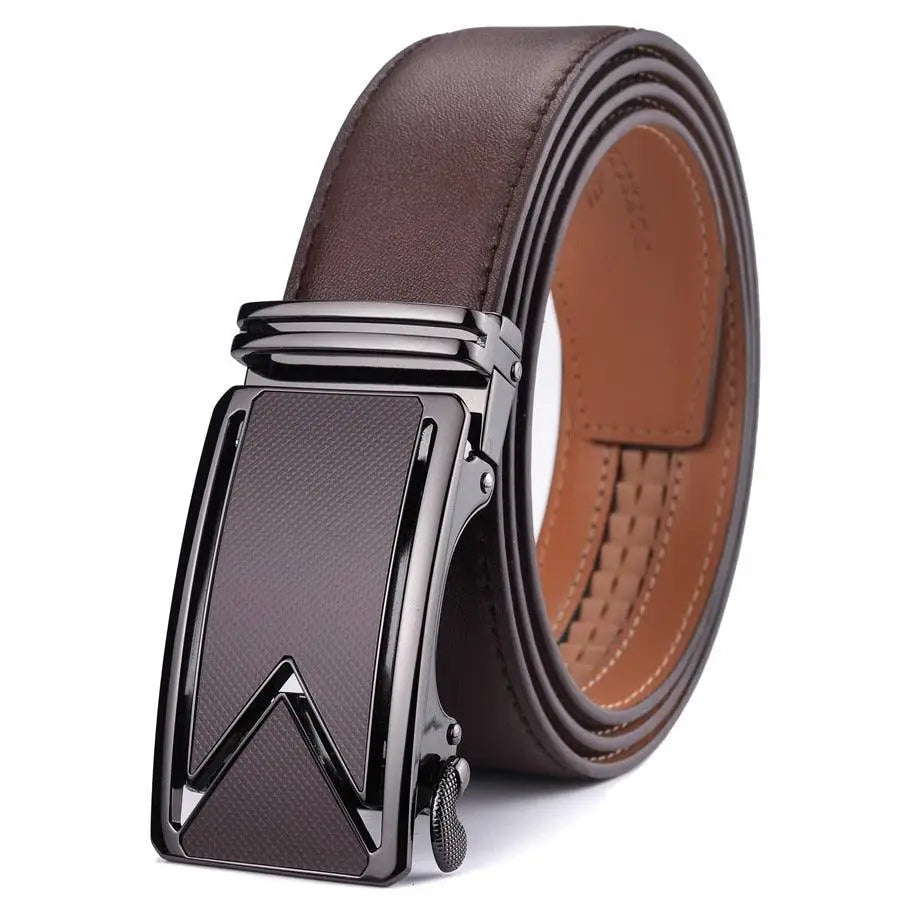 Brown leather belt featuring an automatic geometric buckle for stylish fastening
