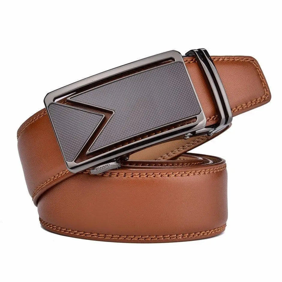 Brown leather belt featuring a geometric buckle for stylish accessories