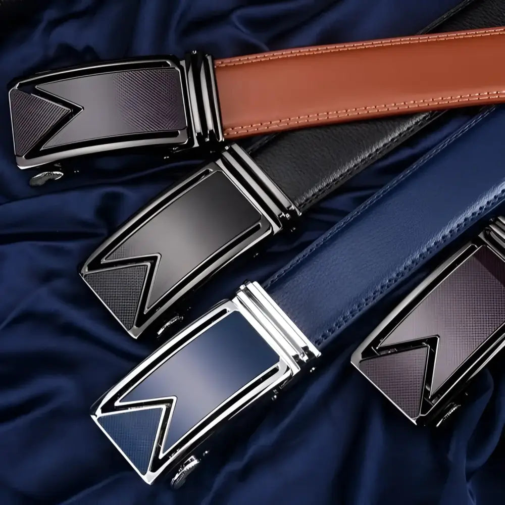 Assorted leather ratchet belts featuring a Brown Leather Belt with Geometric Buckle