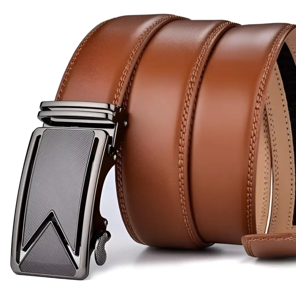 Brown Leather Belt with Geometric Metal Buckle for Men and Women