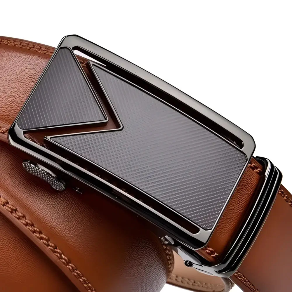 Brown leather belt with textured metal geometric buckle for stylish and durable wear