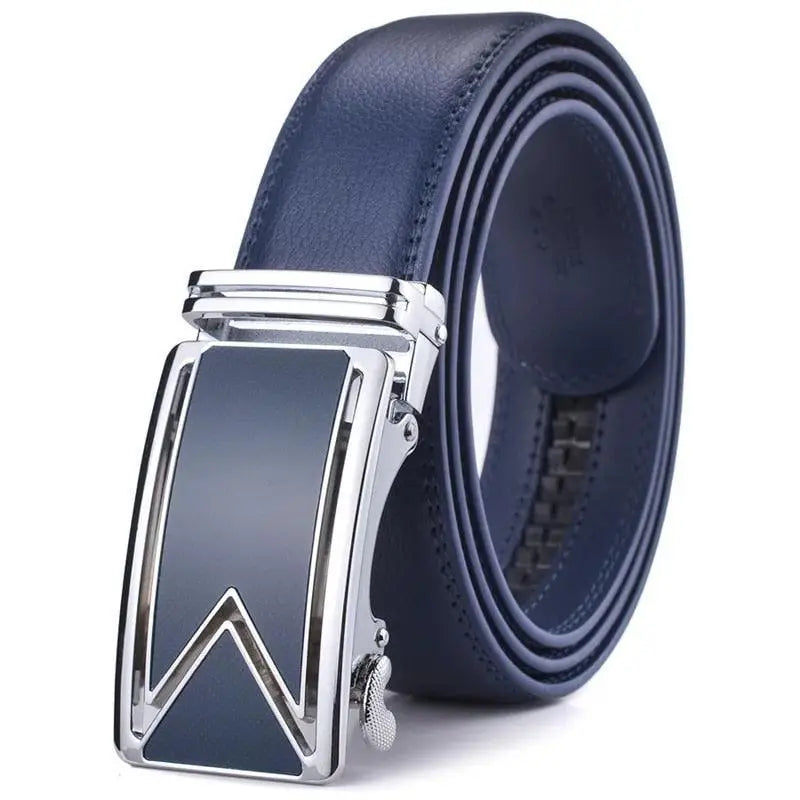 Blue leather ratchet belt featuring a geometric buckle for stylish men’s fashion