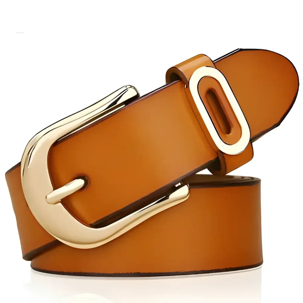 Brown leather belt with a gold buckle displayed in the product named Brown Leather Belt with Gold Buckle