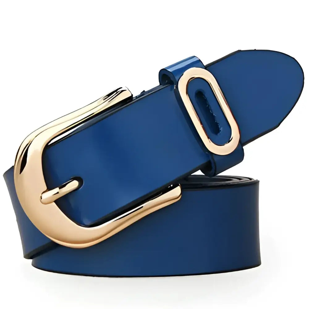 Blue patent leather belt with gold buckle displayed alongside a Brown Leather Belt with Gold Buckle