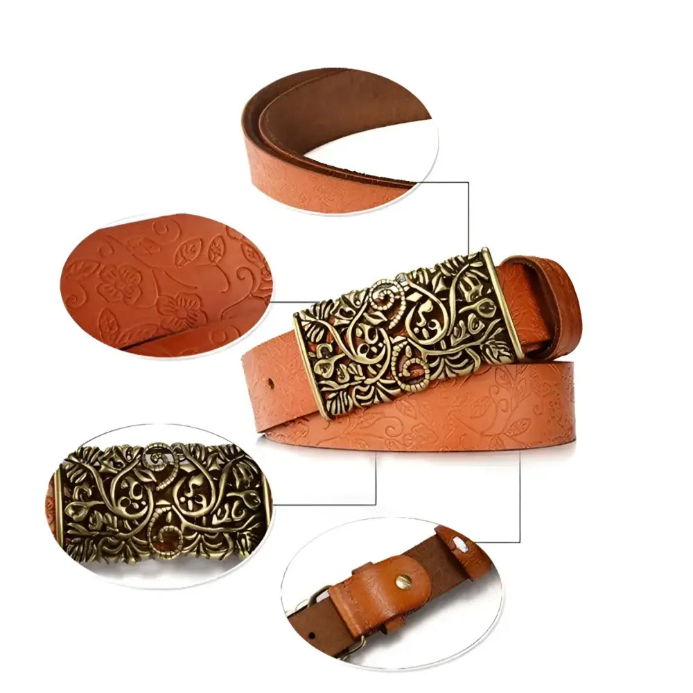 Embossed brown leather belt with ornate gold metal buckle for women