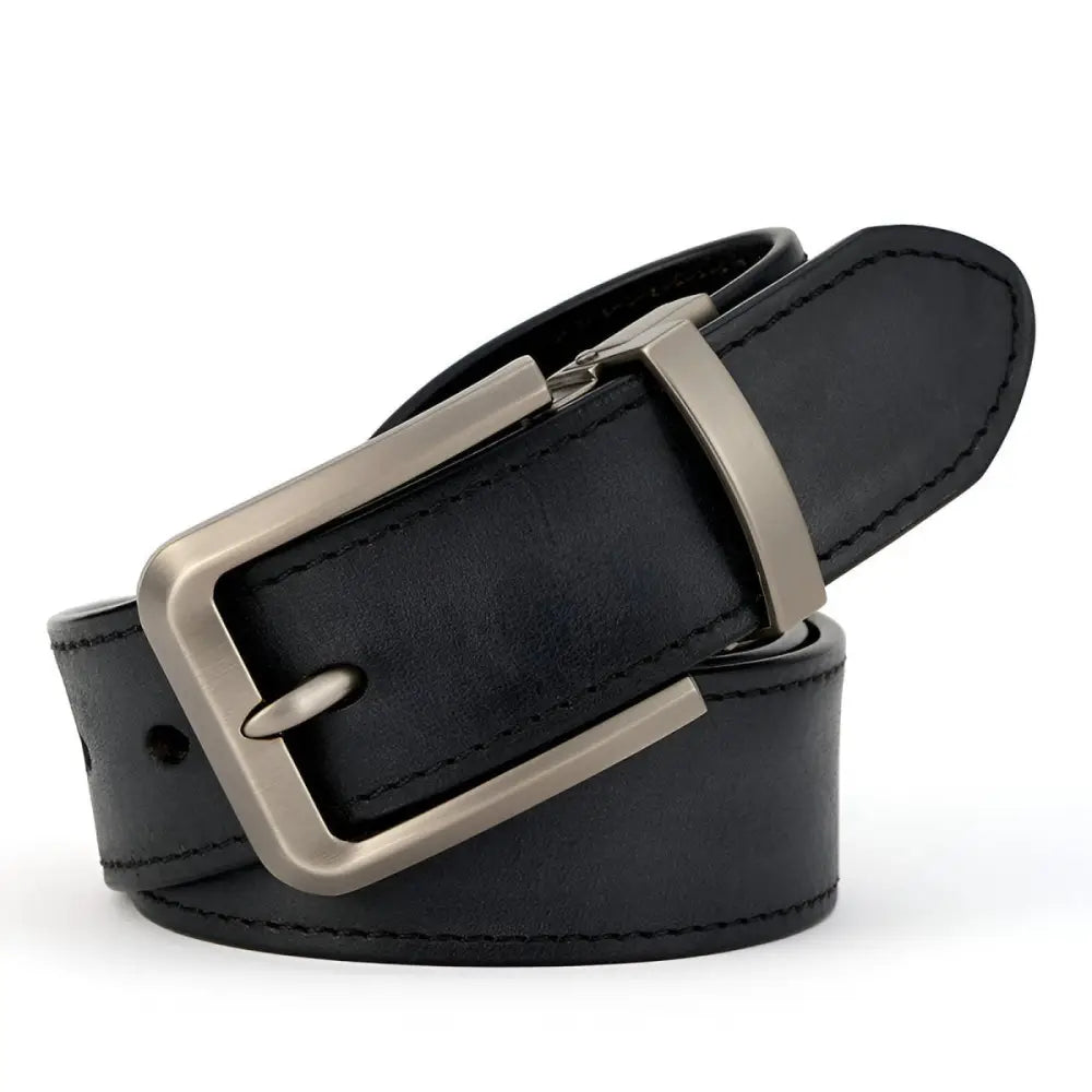 Black leather belt with silver buckle displayed in a product titled Brown Leather Belt with Silver Buckle
