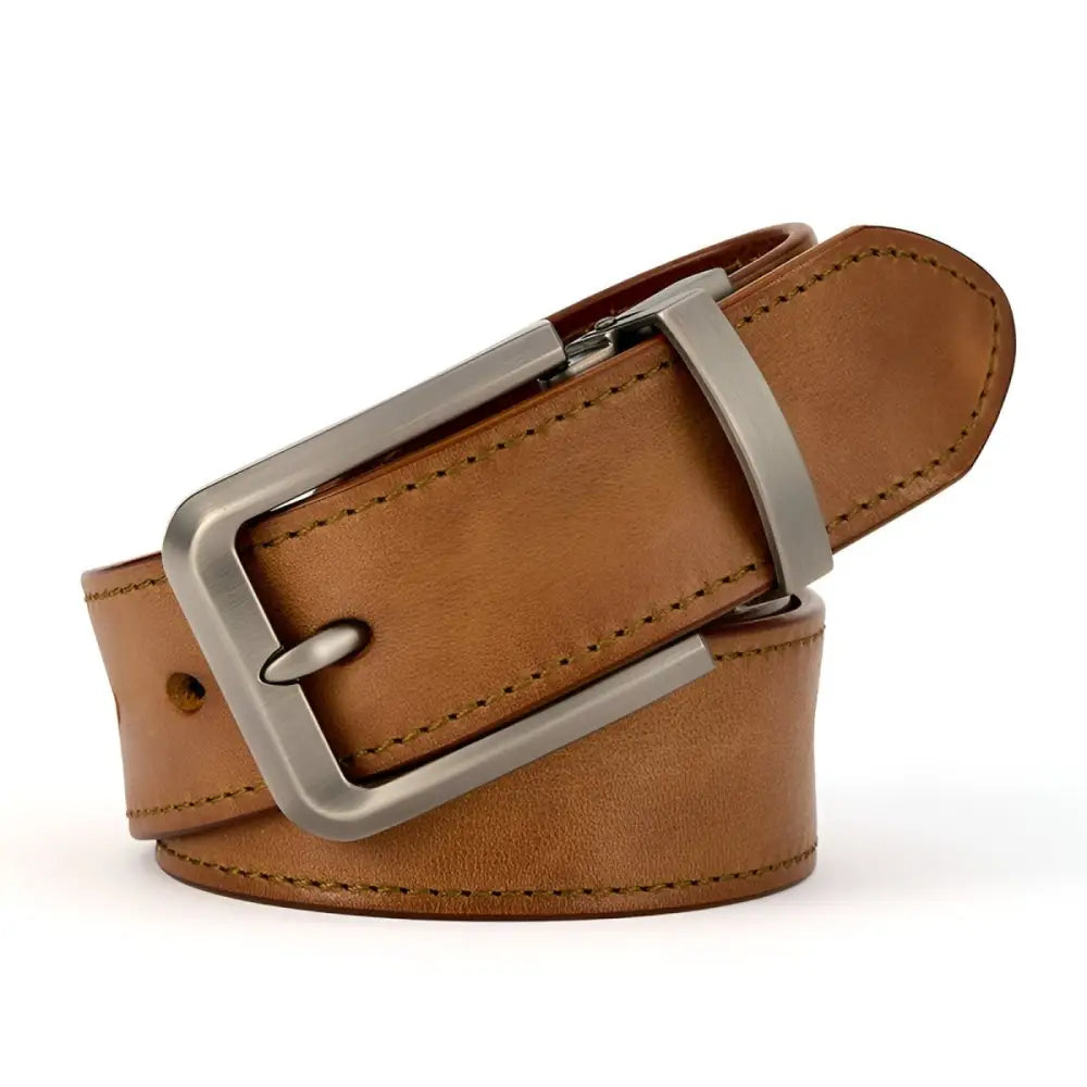 Brown leather belt with silver buckle displayed on a product page