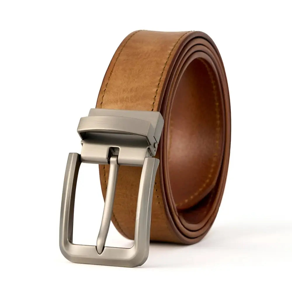 Brown leather belt with a silver buckle for stylish men’s fashion accessory