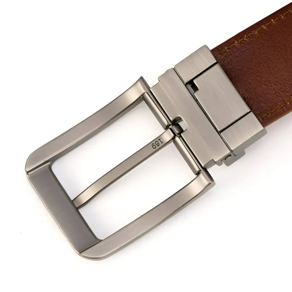 Brown leather belt with a silver metal buckle displayed in the product Brown Leather Belt with Silver Buckle