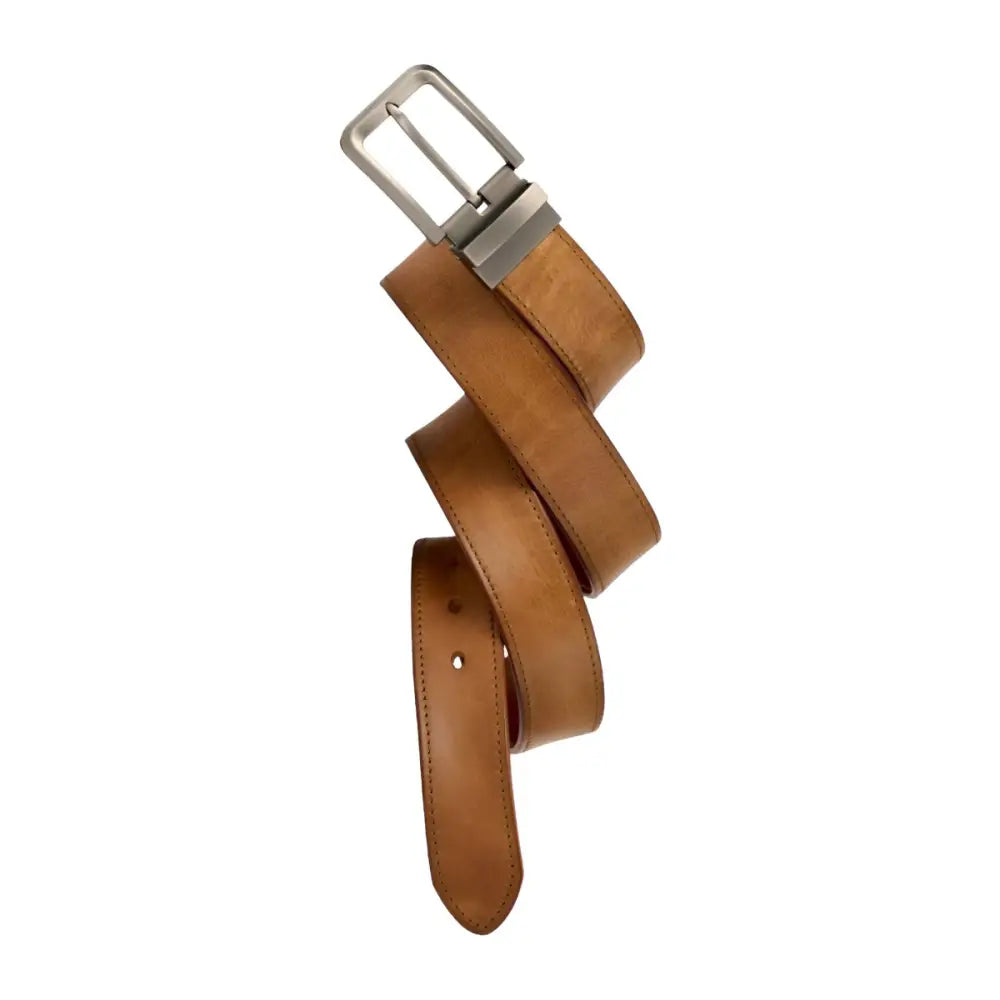 Tan leather belt with silver buckle displayed on a brown leather belt product