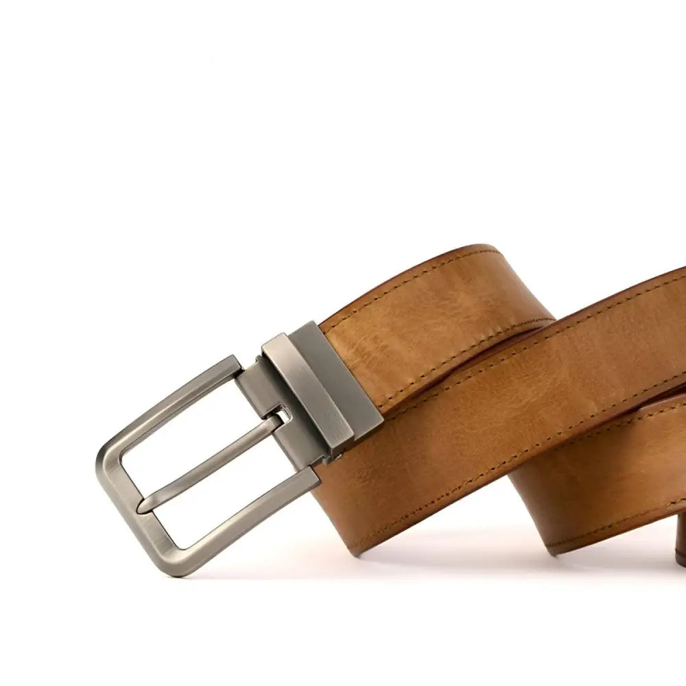 Brown leather belt with a silver metal buckle displayed for the product Brown Leather Belt with Silver Buckle