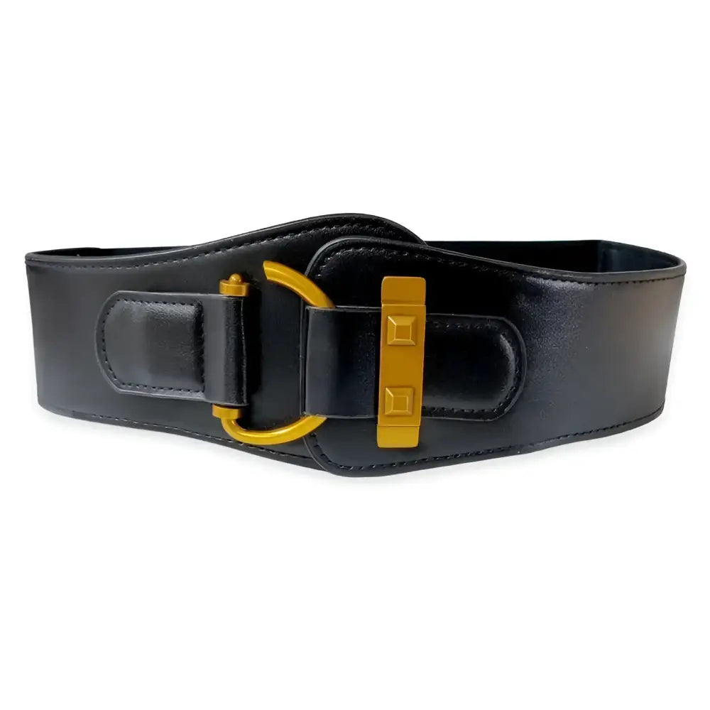 Black wide belt with a gold buckle featured in Brown Leather Belts and Teddy Bear Coat collection