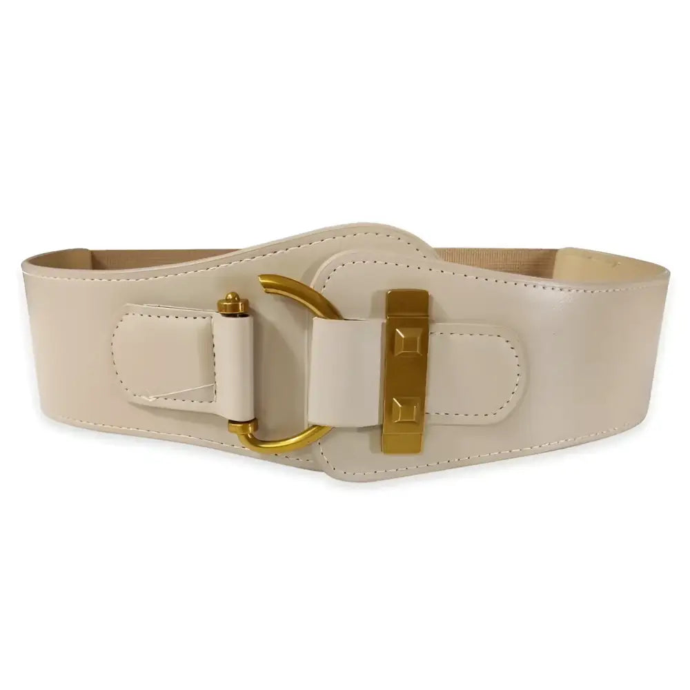 Wide off-white leather belt with gold buckle, featured in Brown Leather Belts and Teddy Bear Coat with Gold Buckle Details