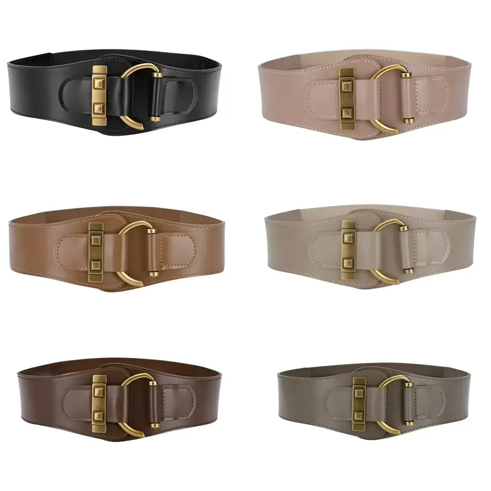 Wide leather belts with metal buckles displayed alongside a Teddy Bear Coat with gold buckle details