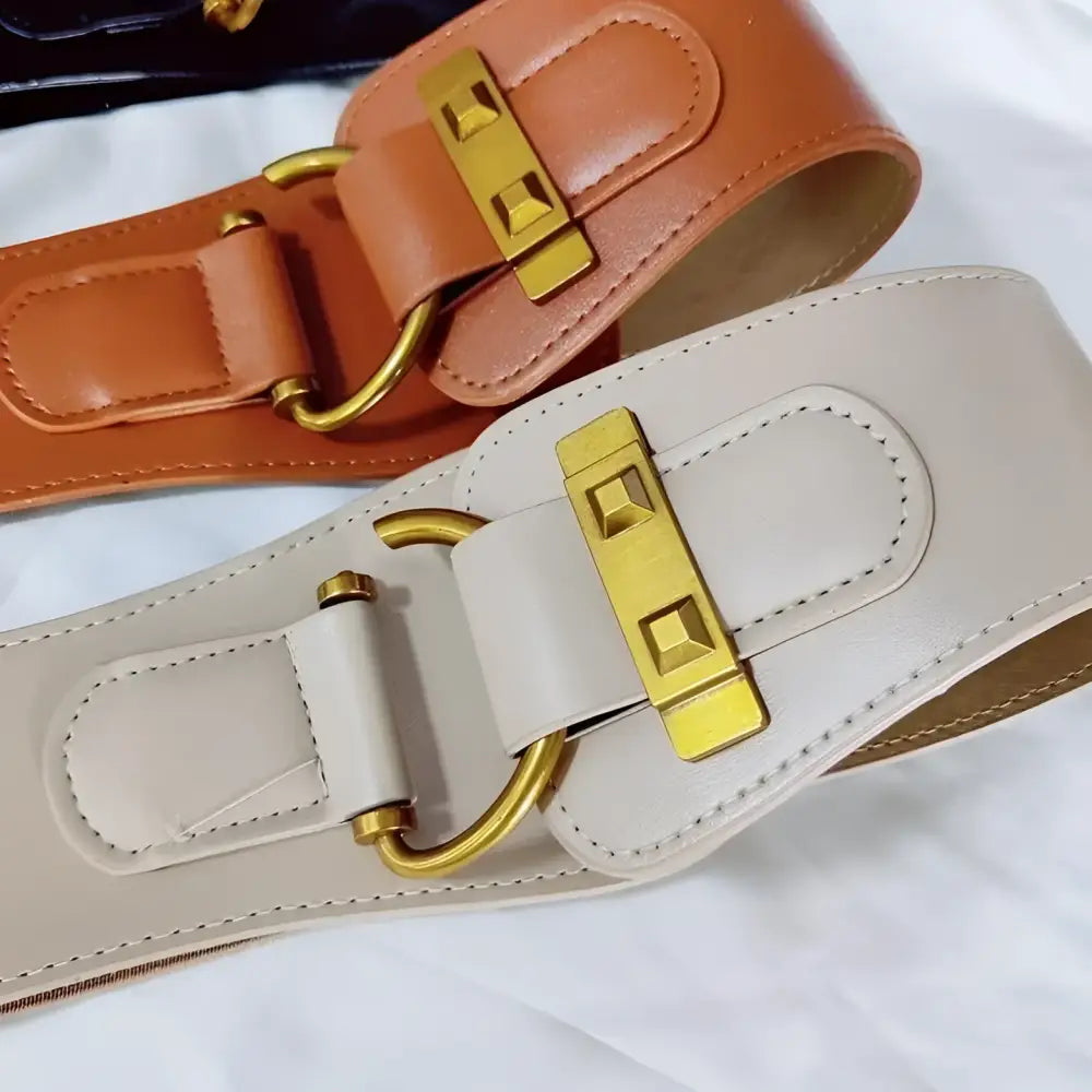 Fashionable wide brown leather belts with gold hardware for Teddy Bear Coat styling