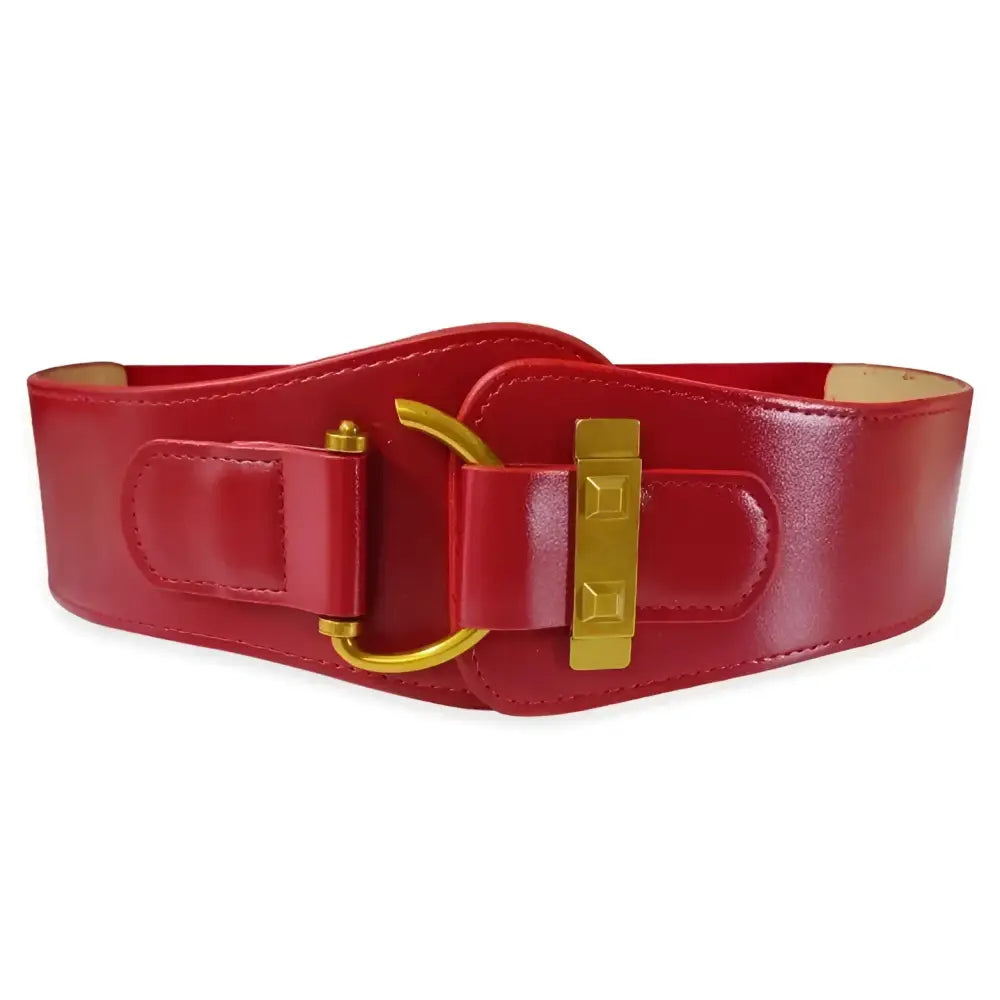 Red wide belt with gold buckle from Brown Leather Belts and Teddy Bear Coat collection