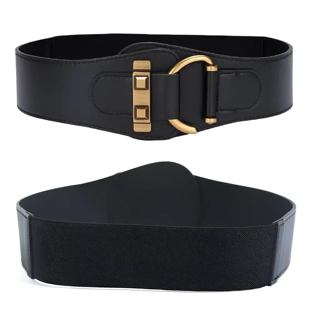 Two black waist belts displayed alongside a Teddy Bear Coat with Gold Buckle Details