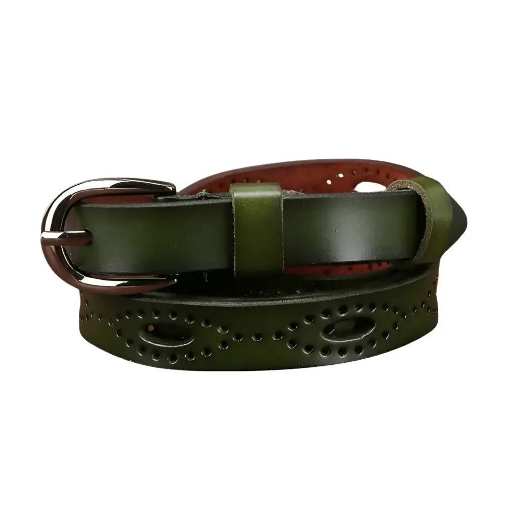 Green leather belt with decorative perforations from Caia Genuine Leather collection