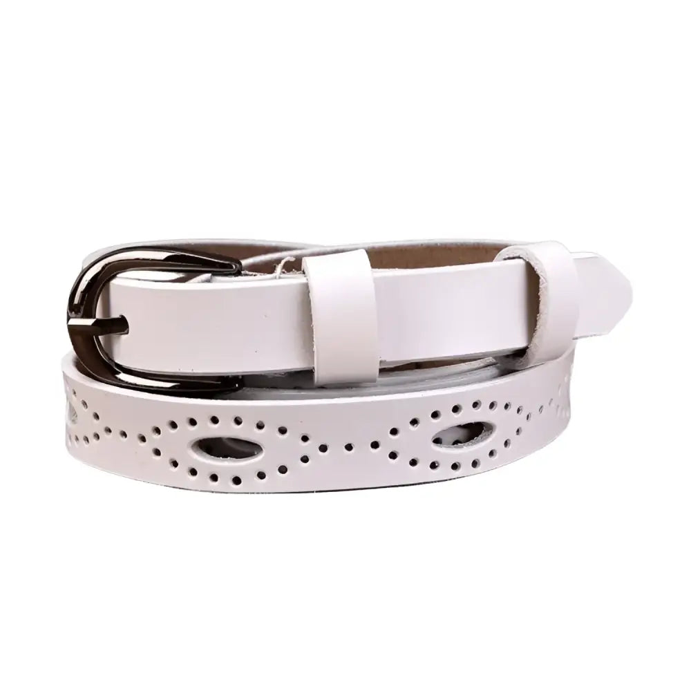 White leather belt with decorative perforations from Caia Genuine Leather collection