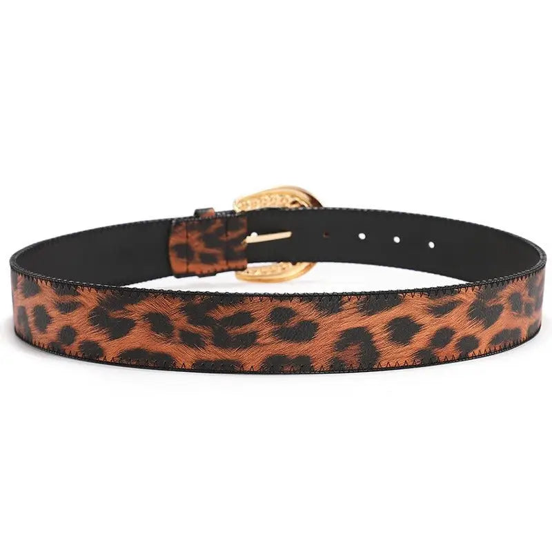 Leopard print belt with gold buckle showcasing stylish accessory for fashion enthusiasts