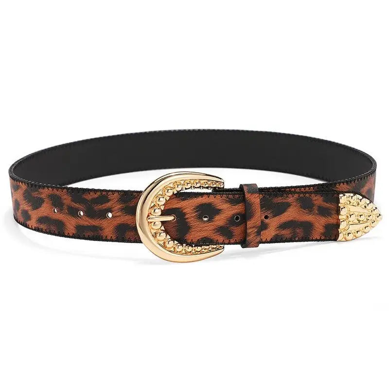Leopard print belt with gold buckle offering stylish accessories and a fashionable look