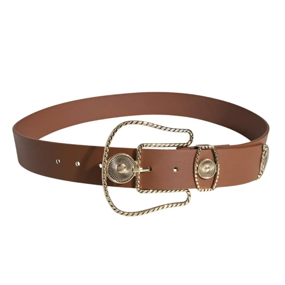 Wakao Golden Western Wide Leather Belt with Silver Buckle and Gold Details