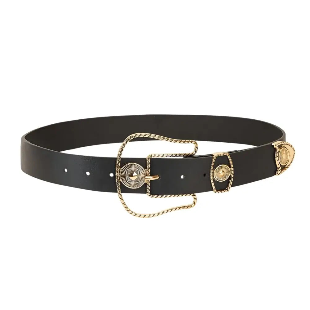 Wakao Golden Western Wide Leather Belt with Decorative Gold Buckle for Western Style