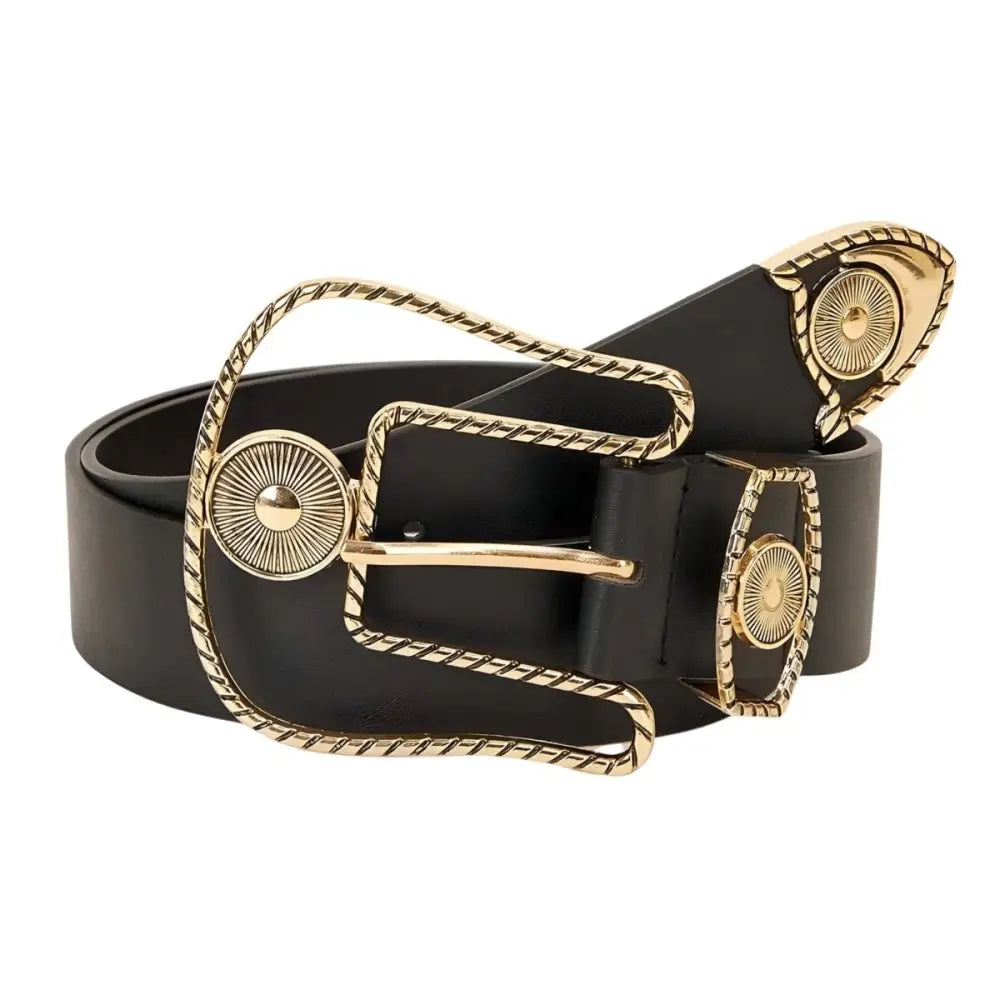 Black leather belt with gold accents from Wakao Golden Western featuring wide design and western wide buckle