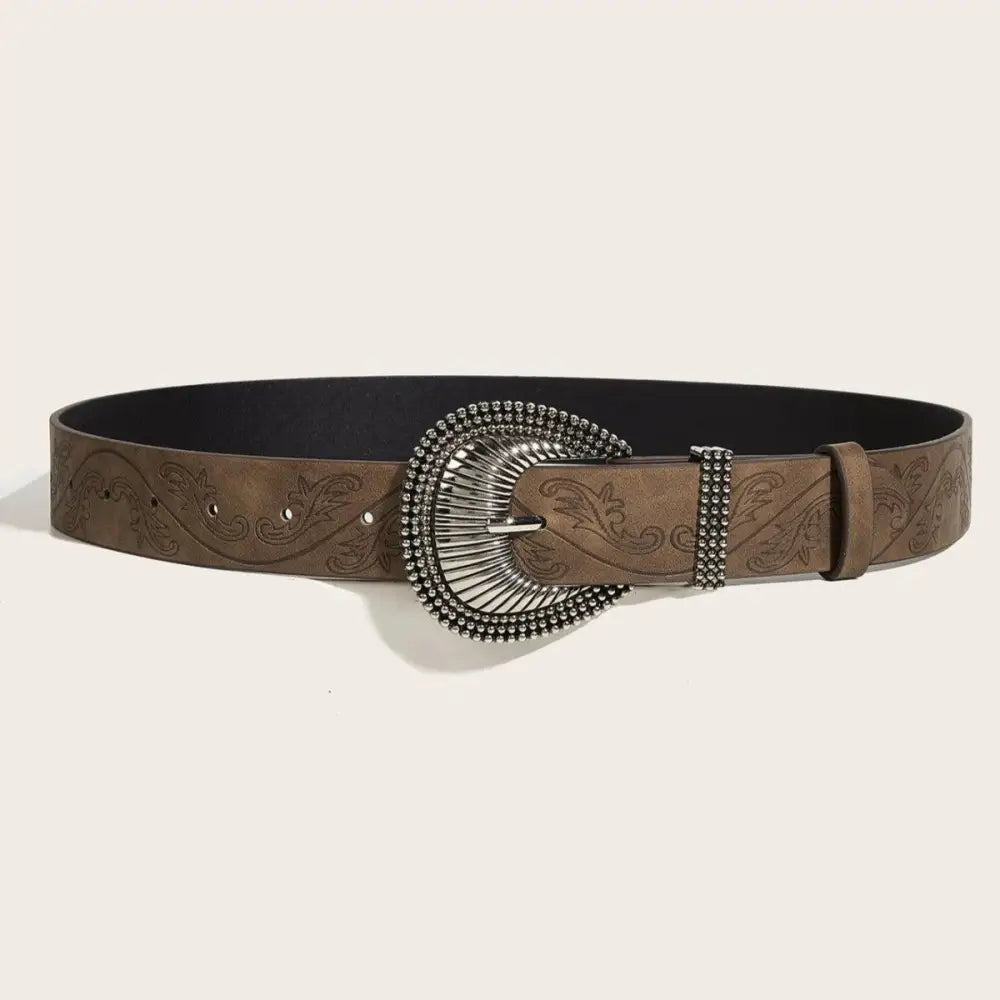 Western Manoi belt featuring embossed brown leather and silver buckle for stylish attire