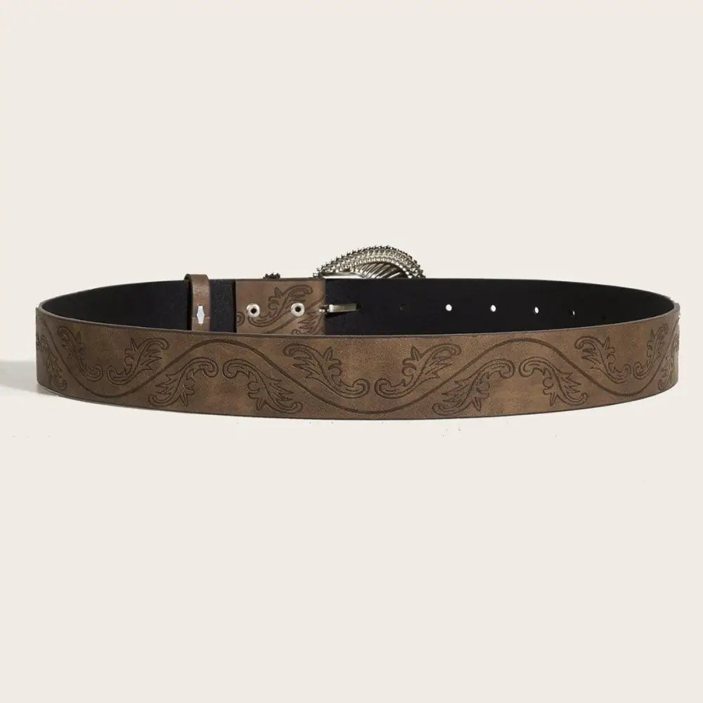 Western Manoı Belt with embossed brown leather and silver buckle front view