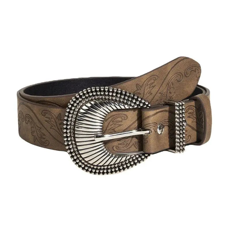Brown patterned Western Manoı Belt with silver buckle for a stylish western look