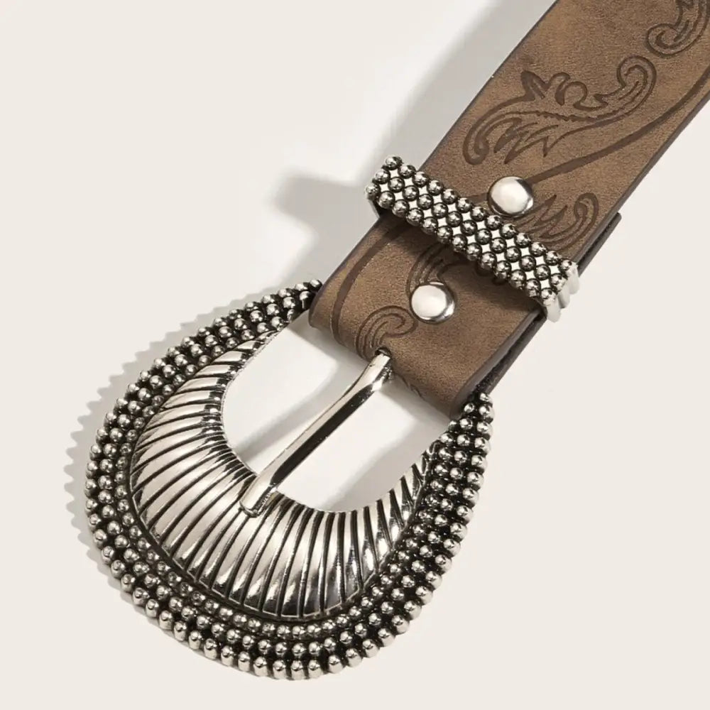 Western Manoi belt with embossed brown leather and ornate silver buckle
