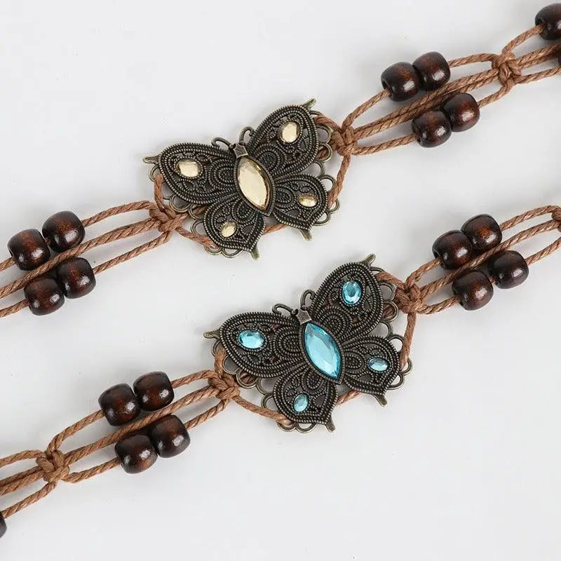 Butterfly-themed beaded belt with waxed cotton and brown butterfly headband