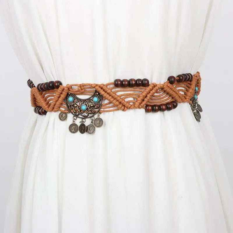 Bohemian Einina Belt with Wooden Beads and Coin Charms for Boho Style Fashion