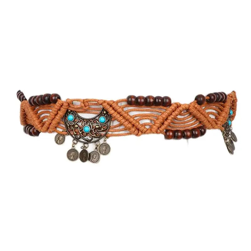 Bohemian Einina Belt with Wooden Beads, Turquoise Accents, and Coin Charms