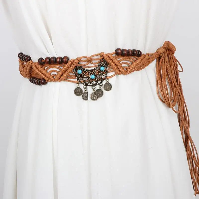 Bohemian Einina Belt with Wooden Beads and Turquoise Accents for Boho Style Fashion
