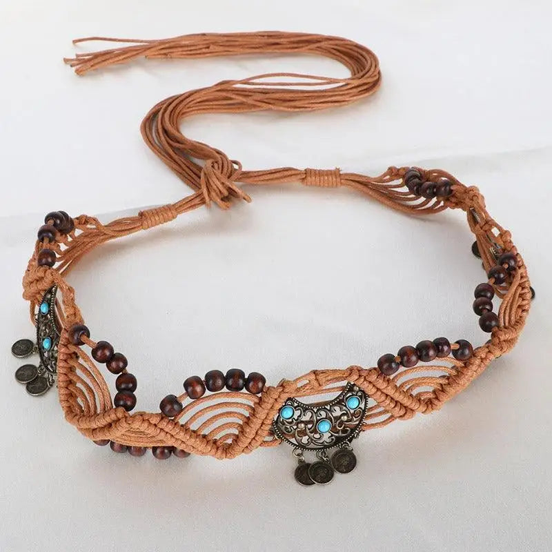 Bohemian Einina Belt with Wooden Beads and Turquoise Accents for stylish accessory