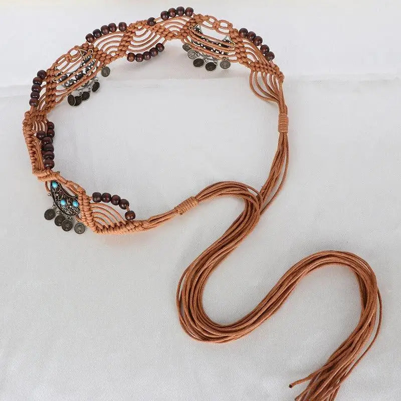 Handmade Bohemian Einina Belt with Wooden Beads and Turquoise Accents