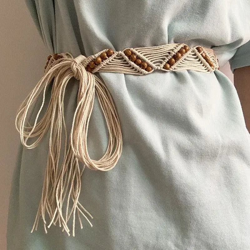 Cotton Rope Macrame Belt with Wooden Beads showcasing rustic authenticity and boho style