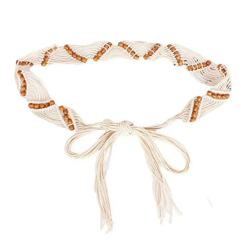 Beaded macrame belt made from cotton rope with wooden beads and tie closure for boho style