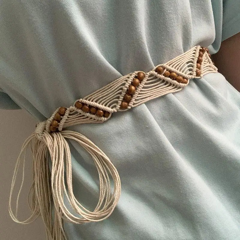 Cotton Rope Macrame Belt with Wooden Beads showcasing rustic authenticity for Boho Style