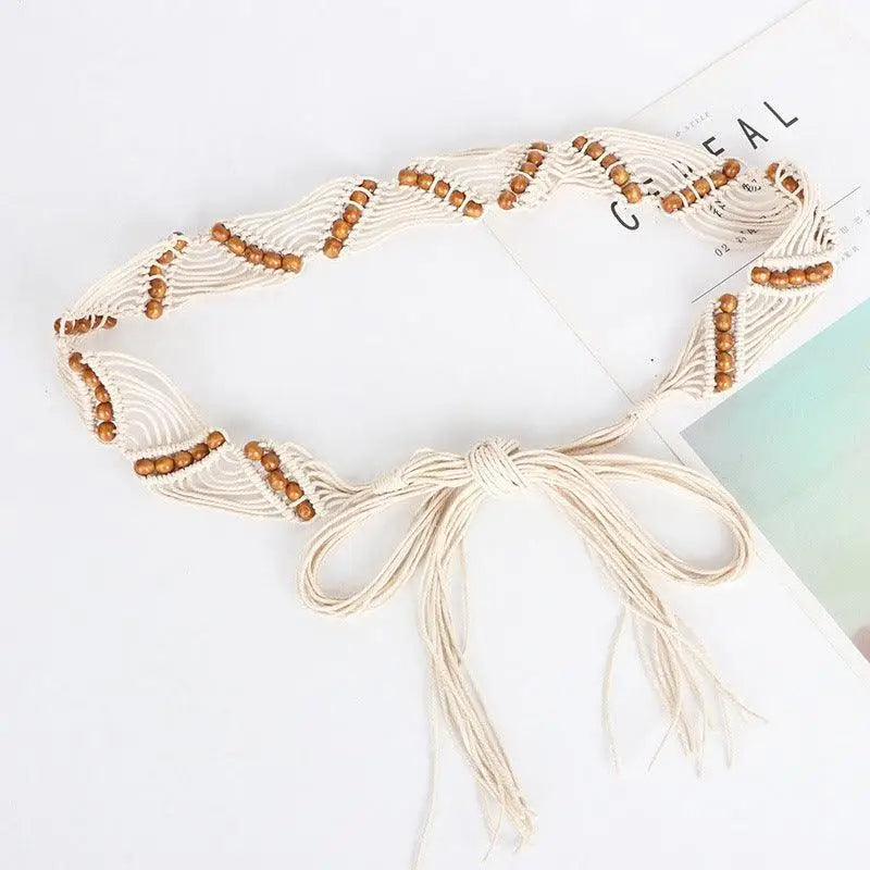 Cotton Rope Macrame Belt with Wooden Beads for Boho Style made from waxed cotton rope